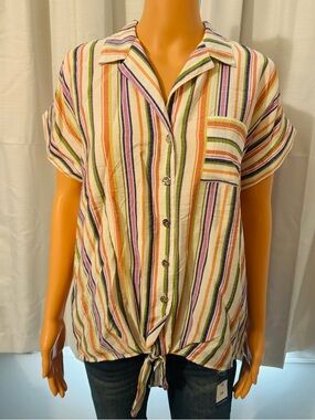 Cute Ava & Grace size S white purple orange stripe knot front button up shirt